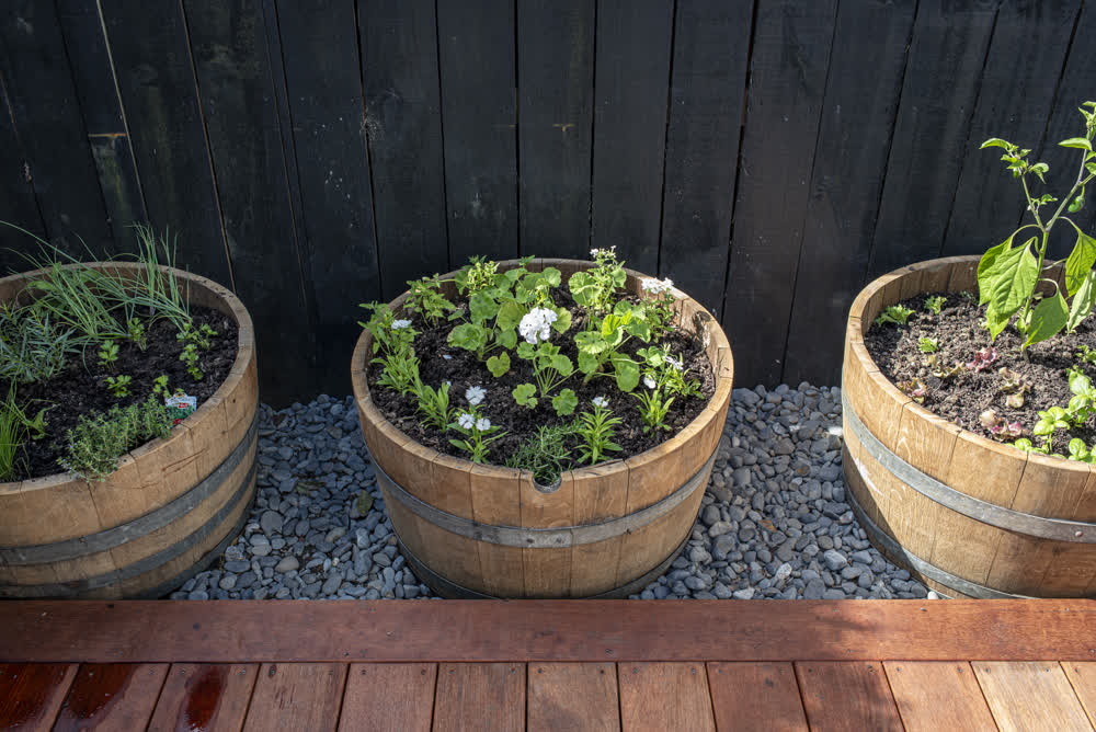 Wooden barrel planters between deck and fence on rock ground